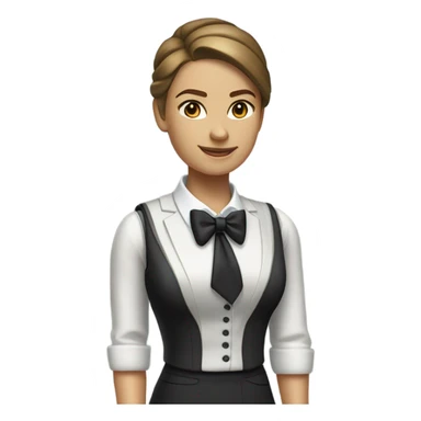 a caucasian female butler with a professional and elegant demeanor. She has her hair neatly tied in a ponytail and wears a classic butler uniform, including a tailored vest, crisp white shirt, and bow tie. sticker