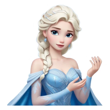 Cinematic Realistic Elsa Portrait, depicted with lifelike skin texture, soft natural lighting, and intricately detailed platinum blonde hair styled elegantly. Her striking, expressive blue eyes exude confidence and grace, complemented by a serene and regal expression. She holds a shimmering snowflake delicately in one hand, her other hand resting against her gown, embodying the power and beauty of winter. She is dressed in her signature icy attire, with shimmering fabric textures and delicate folds that catch the light beautifully. The portrait features a soft, enchanting glow with a cool, radiant finish, capturing the essence of timeless elegance in a realistic and painterly style. sticker