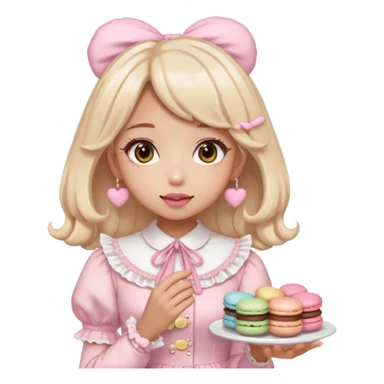 a light pink lolita hime gyaru dress with a macaron in hand, emoji style sticker