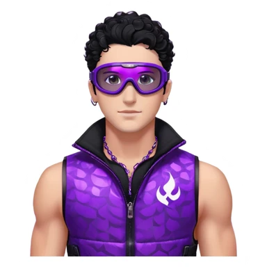 male athlete with white skin and moderately curly black hair on top with shaved sides, wearing ski goggles with purple frames and very dark black lenses, a simple plain black chain necklace, and a completely unzipped sleeveless vest with purple and black sequin fire pattern design, fully revealing his chest, shoulders and arms, no earrings sticker
