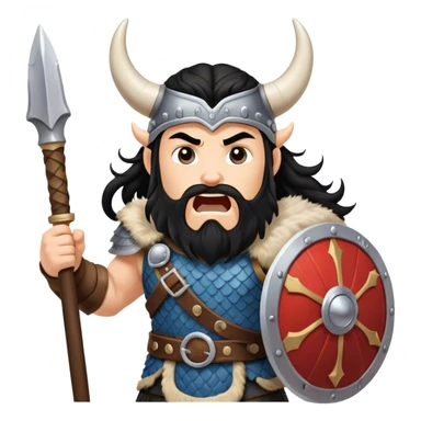 vikingo con armadura de Asgard, con cuerno de vaca, pelo negro ondulado, de pie, grito de guerra en torre de Asgard. sticker