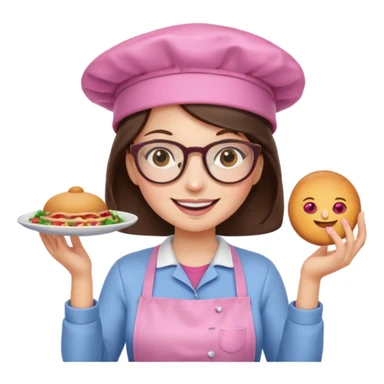 brunette girl with glasses and a pink kitchen hat cooking, smiling and presenting a dish, emoji style sticker