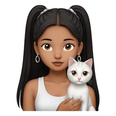 An brown skin Teenager girl with brown eyes, long black hair in one high ponytail, with a white crop top holding her grayish-white cat, and small silver earrings sticker