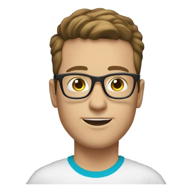 white young man with blue eyes and brown hair and square glasses wearing green t-shirt with laptop sticker