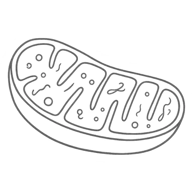 Draw a schematic pen-style drawing of a mitochondrion structure on white paper, isolated on a white background, similar to the reference image. The style should be hand-drawn with black outlines and no fill, resembling a clear scientific sketch. sticker