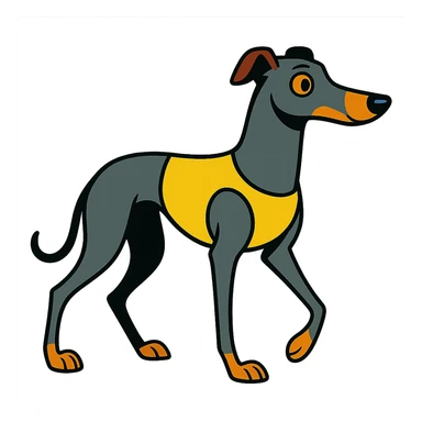 grey greyhound, full body, looking to the side, racing dog, vibrant cartoon style sticker