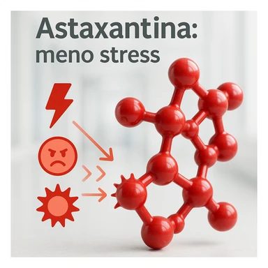 hyper realistic red astaxanthin molecule reducing oxidative stress, absorbing stress symbols, clinical atmosphere, light background, text 'Astaxantina: meno stress' sticker