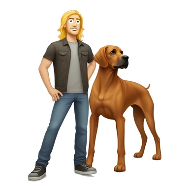 white male with long rainbow colored hair standing alongside a brown rhodesian ridgeback sticker