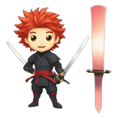 Anime ninja with Red haired young boy with cheeky grin and pointy fluffy hair with a sword in a defense pose sticker