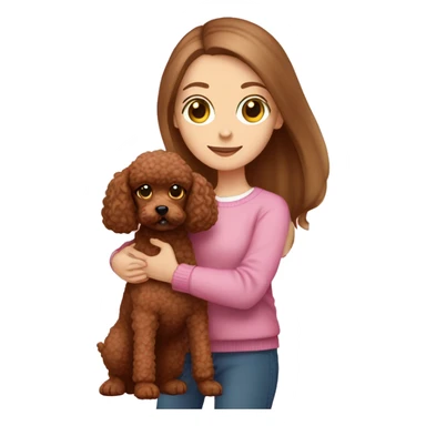 Pretty green eyed white girl with straight long brown hair in a pink sweater holding a brown toy poodle sticker