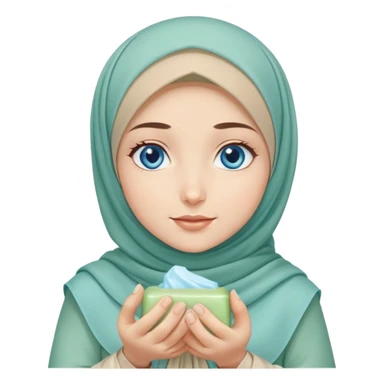 Turkish beautiful finish Konya girl blue eyes with beige and light green hijab islamic dress and had on her hand soap   sticker