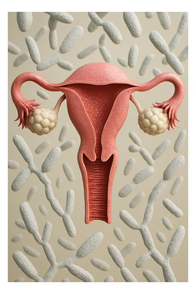 utero umano realistico con batteri della candida intorno, la foto si deve vedere per intero in formato verticale, sullo sfondo neutro chiaro ci sono batteri della candida, iperrealistico 4k sticker