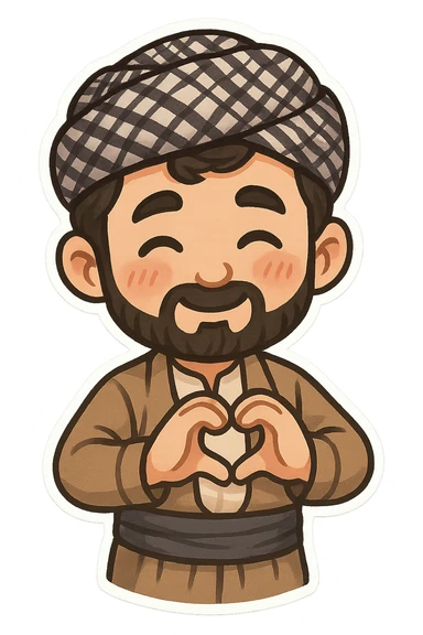 Kurdish man or woman in jamadani, cartoon style, making a heart shape with hands, blushing, no text sticker