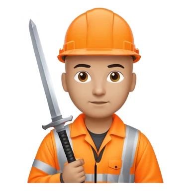 Bald Telecoms engineer in orange hi vis with white hard hat and sword sticker