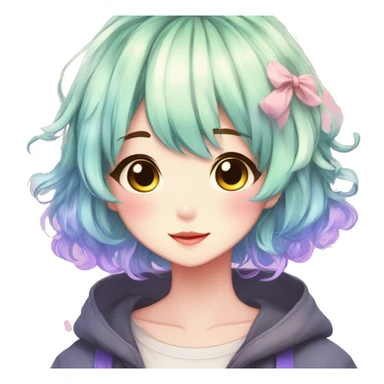 Gorgeous anime style shojo character with blushing face aesthetic and pretty colorful shiny gradient hair with hair garment trending style sticker
