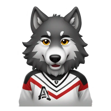 A wolf plays hockey in a black and white red uniform with a wolf emblem on his chest sticker
