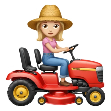 White woman without glasses wearing a straw hat, on old Westwood ride on lawn mower.  sticker