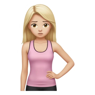 Create a young woman with long blonde hair, golden eyes, and medium-light skin tone, wearing a light pink tank top and leggings. She should be in portrait mode, but with a subtle doubting facial expression—slightly raised eyebrow, small frown, .  and her hand next to her chin like this emoji 🤔 sticker