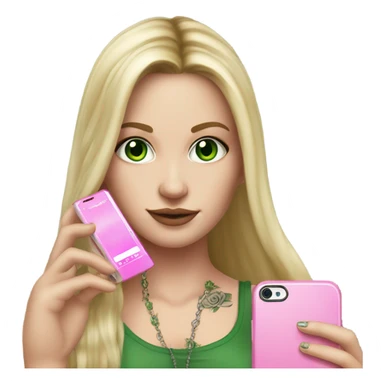 Realistic White girl with Long straight blonde hair, green eyes, tattoos, full body wearing white crop top, holding pink phone sticker