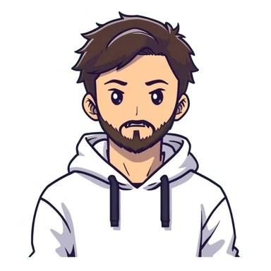 anime style man with short full beard, dark brown undercut hairstyle, white hoodie, and green eyes sticker
