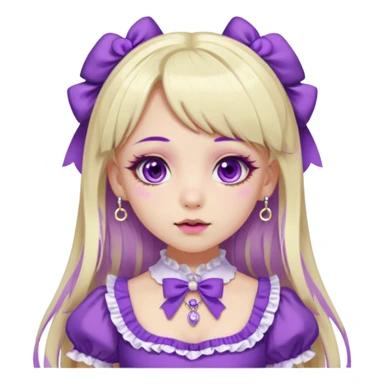 Ai pale girl , who has straight long length blonde and purple swirled hair , hazel eyes , and doll like makeup , with a septum piercing, nostril piercing, in a purple lolita hime gyaru dress emoji sticker