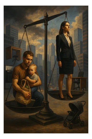 Scena metaforica: una bilancia sociale sbilanciata, con un uomo seduto da un lato con un bambino in braccio e una borsa della spesa, mentre una donna in carriera in abiti formali guarda lontano con espressione determinata. Intorno a loro, simboli confusi dei ruoli tradizionali (fornello, scrivania, passeggino, ufficio). Sullo sfondo, una città moderna e caotica. L’atmosfera è riflessiva, non giudicante. Luci contrastate, come a simboleggiare tensione culturale. in italiano sticker