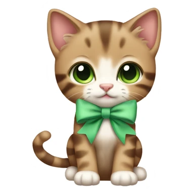 extremely cute kawaii brown tabby kitten with green eyes and pastel green bow full body sticker
