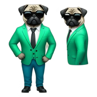 dog pug-in-gradient-green-blue-suit-with-and-black-sunglasses-standing-with-black-shoes sticker