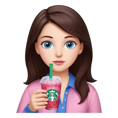 make an emoji of a brunette blue eye girl wearing light pink drinking a strawberry acai refresher from starbucks sticker