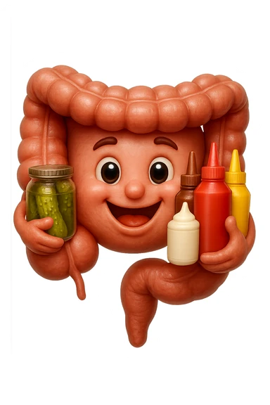 emoji stile iphone di intestino umano con espressione felice mentre tiene in mano cetriolini sottaceto, maionese, salsa barbecue, salsa, senape realistica
IPERREALISTICO 4K sticker
