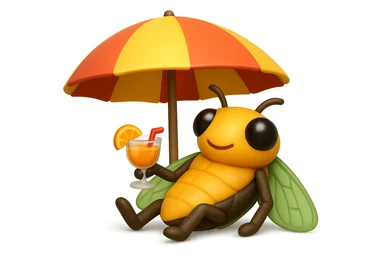 EMOJI STILE IPHONE 3D DI UNA CICALA CHE STA RILASSATA SEDUTA SOTTO L'OMBRELLONE IN SPIAGGIA CON UN COCKTAIL IN MANO sticker