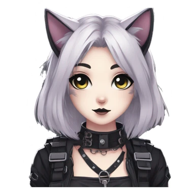 Gorgeous gothic dark techwear anime style anthro cat with blushing face aesthetic and pretty edgy black with collar and harness trending style sticker