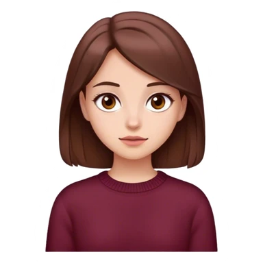 A girl with brown hair smiles, gray-brown eyes, wearing a burgundy sweater sticker