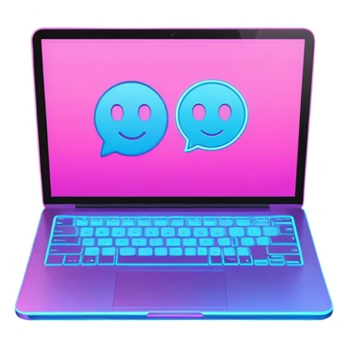 laptop computer with video chat displayed on screen, pink and light blue colors, with neon glow lines, blue neon light on top left, purple neon light on bottom right sticker