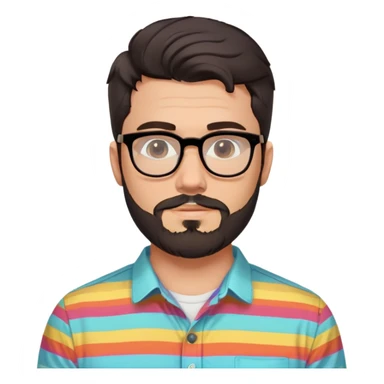 a 30-year-old man with light skin, medium solid build, wide face, soft cheeks, rounded jawline, neutral relaxed expression, short dense full beard, wavy voluminous brown-black hair at the front, large rectangular black thick frame glasses, colorful button-up shirt open showing white t-shirt sticker