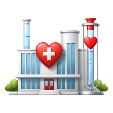 Modern clinic building red cross test tubes heart icon sticker