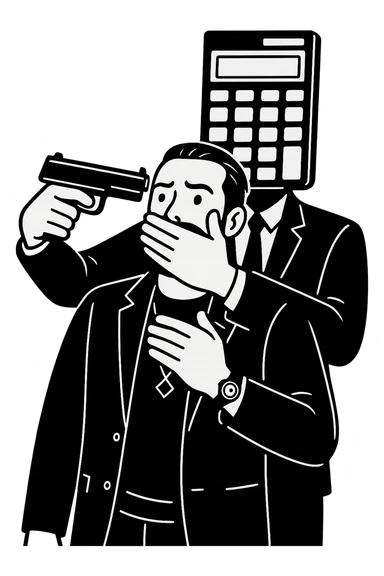 Используя такую стилистику и точно такого же героя, сгенерируй картинку. На ней позади героя стоит фигура в черном костюме, у которой вместо головы калькулятор и она приставила к виску героя пистолет, а другой рукой закрывает рот героя, прозрачный фон sticker