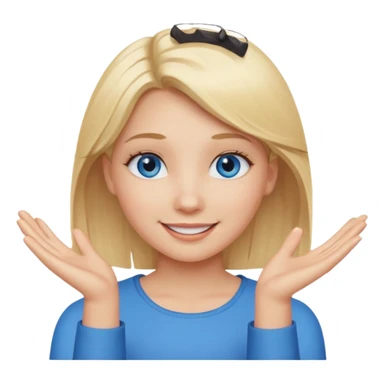 girl with blonde hair and blue eys with heands telling what  sticker