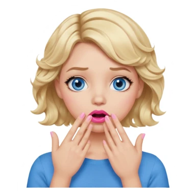Girl Blonde short wavy hair,  blue eyes, cute blue top, long lashes, pink lips, shocked, hand over the mouth sticker