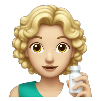 mom with hazel eyes, blond semi curly hair, teal shirt,  holding a small white pill bottle in hand sticker