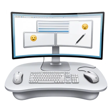 Create an emoji for UX/UI design. Two large curved monitors placed next to each other, displaying design mockups or wireframes. A mouse, keyboard, and stylus to symbolize the tools used in the design process. Do not include any emojis or smiley faces. Background transparent. sticker