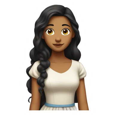 A 16-year-old girl is wearing a long dress, with a tanned skin, writing, with long black hair reaching her chest, and frizzy hair sticker