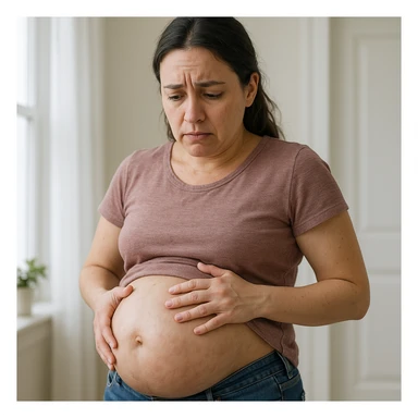 realistic woman with a swollen belly due to intestinal parasites, expression of discomfort or worry, clear and informative atmosphere sticker
