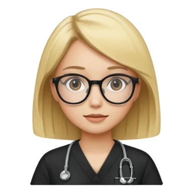 A girl in black scrubs with a blonde bob and glasses sticker