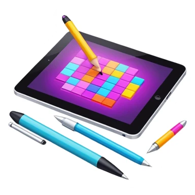 Computer graphics icon, digital design tools like a stylus, tablet, pixelated image, vibrant colors, minimalistic style, clean lines, transparent background. sticker