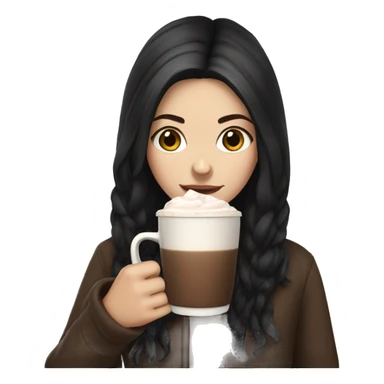 white girl with brown long black hair and a hot chocolate sticker