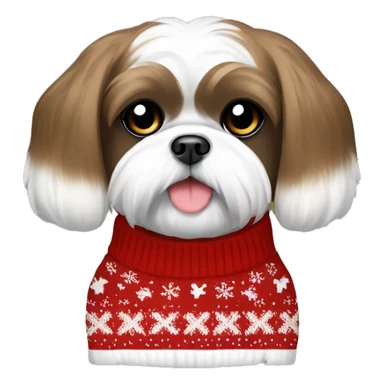 Brown and white Shih Tzu bow in hair wearing Christmas sweater sticker