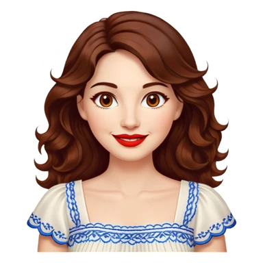 Artistic woman in her 40s with bright complexion, round face, big lively light brown eyes, wide friendly smile, vibrant red lips, voluminous wavy dark brown hair to shoulders, white summery dress with blue embroidery and electric blue neckline sticker