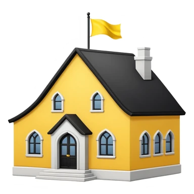 simple magic school, low detail, white background, magic school, black roof, with a big flag, big flag on a roof, big yellow flag, white school sticker