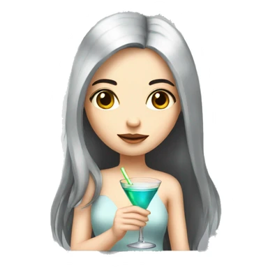 Pale girl with long black hair with chest holding cocktail sticker
